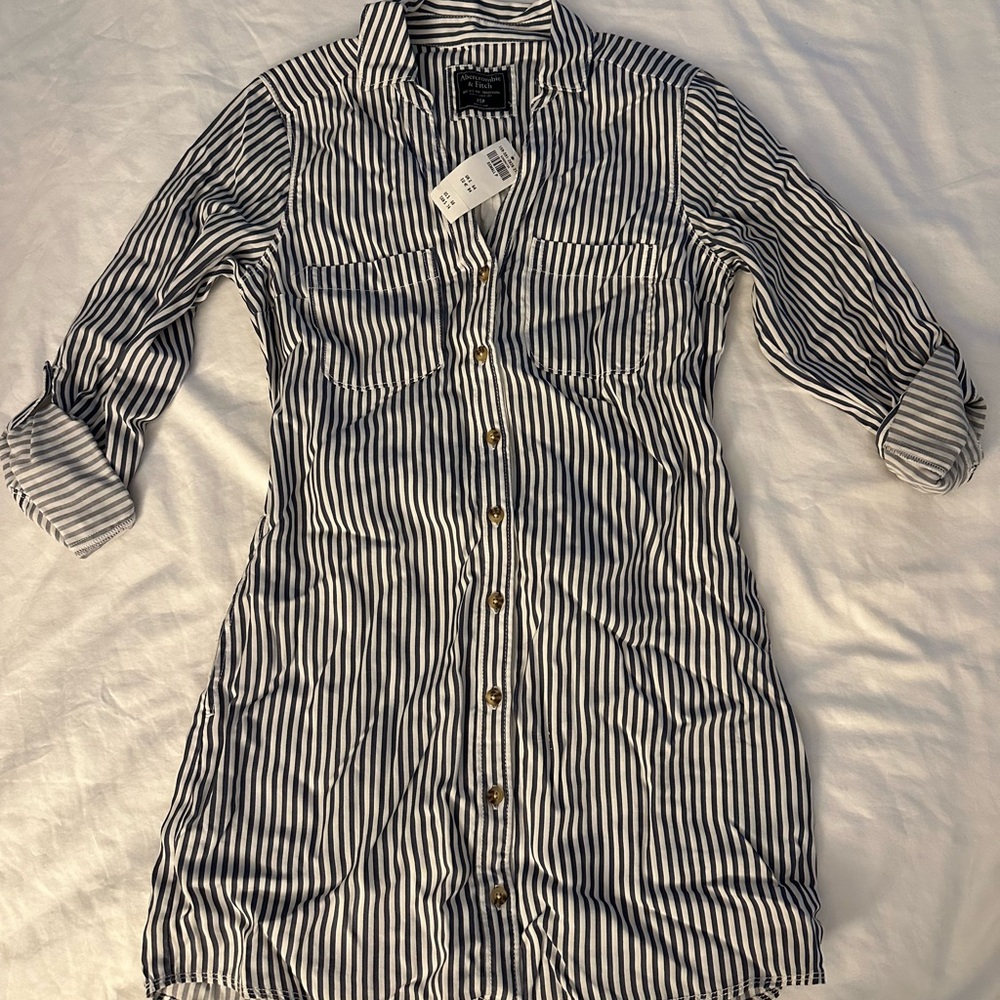 Abercrombie and Fitch (XSP): White and Blue Striped Shirt Dress - New with Tags